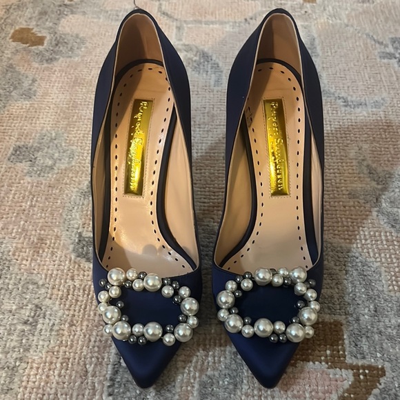 Rupert Sanderson Navy Heels with Pearl Embellishments